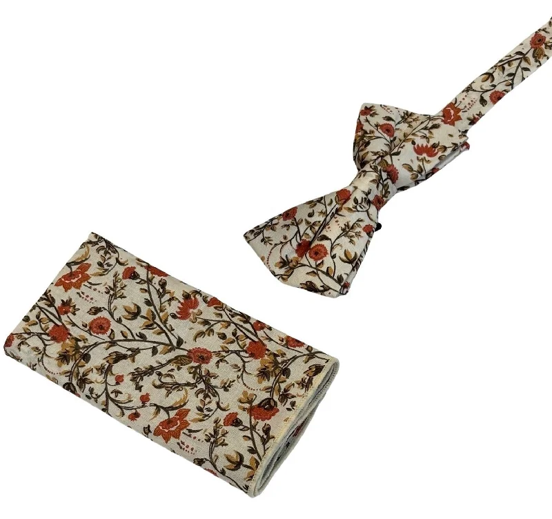 ties for corporate attire-Liberty style red climbing English wildflower design adult bow tie and matching pocket square