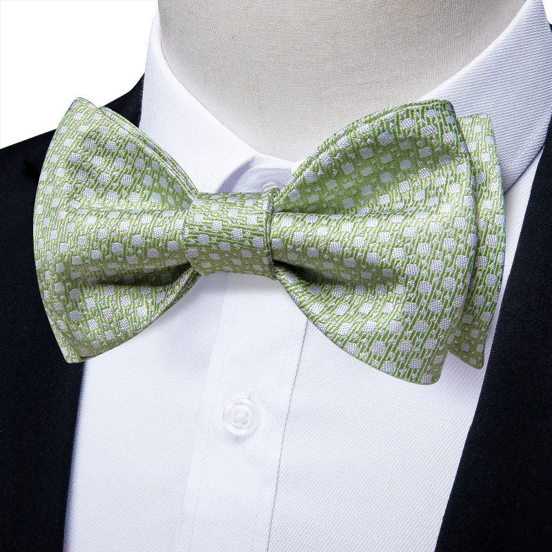 handmade neckties-Light Green Polka Dot Self-tied Bow Tie Pocket Square Cufflinks Set