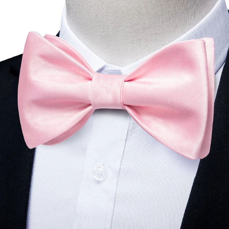 men's stylish neckties for work-Light Pink Solid Self-tied Bow Tie Pocket Square Cufflinks Set