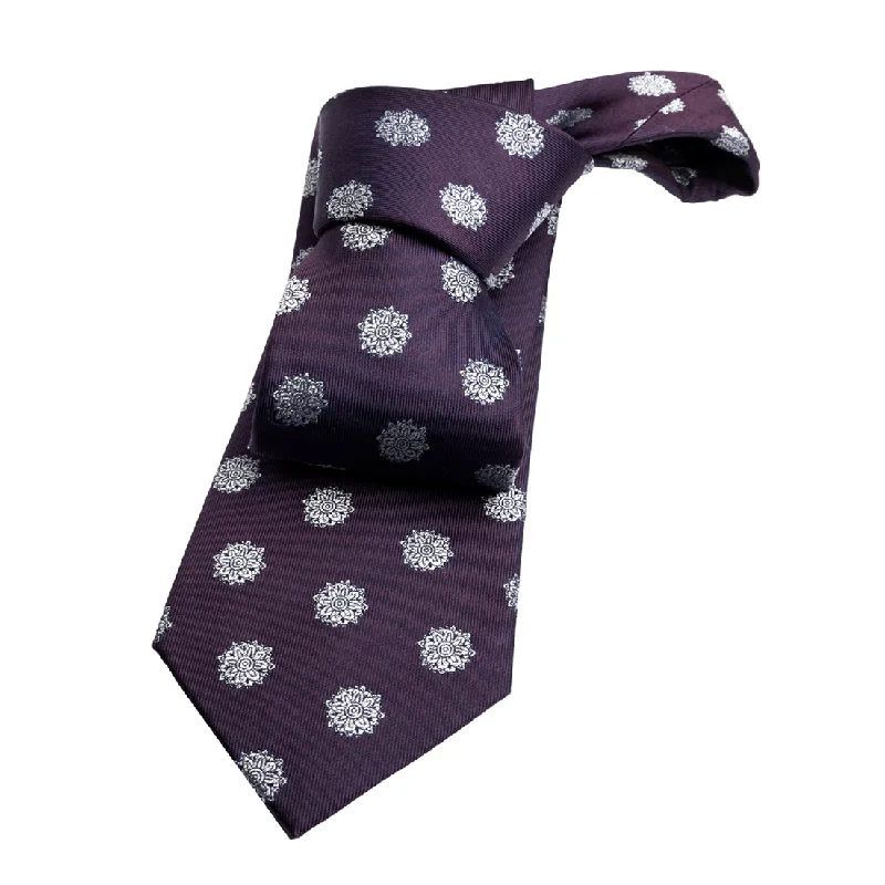 dark ties for professional attire-Little Falls Medallion Foulard Silk Tie, Purple / Silver