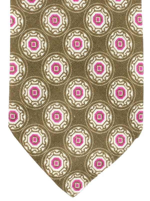 ties with cufflinks-Luigi Borrelli Unlined Tie Olive Pink Medallions Linen FINAL SALE