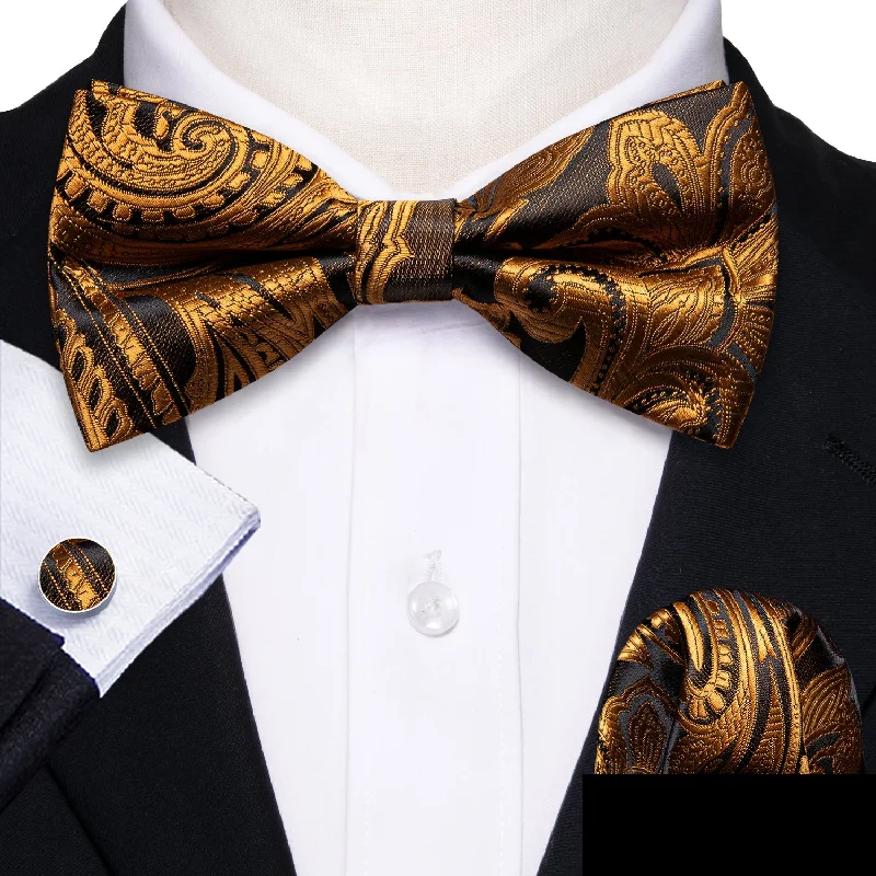 elegant office neckties-Luxury Golden Brown Paisley Pre-tied Silk Bow Tie Pocket Square Cufflinks Set