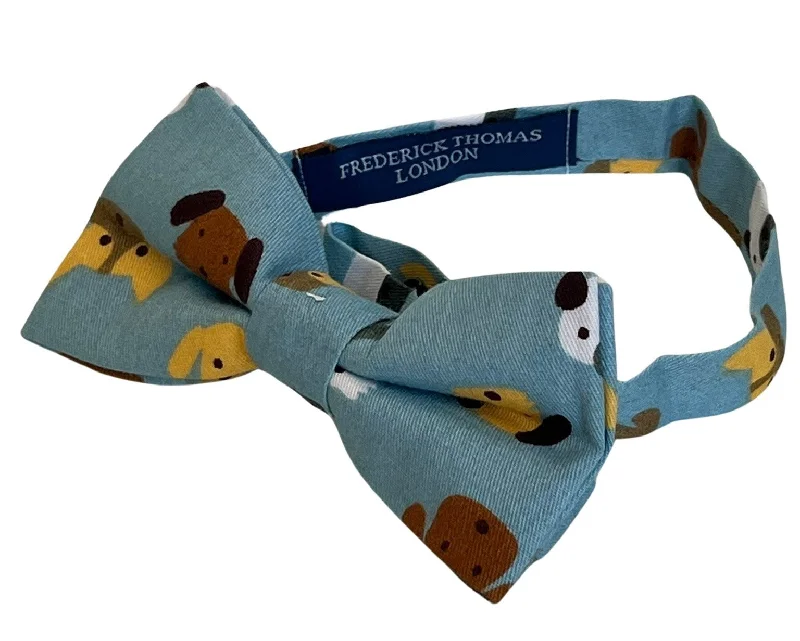 high-quality business neckties-Medium denim blue adult bow tie with cute dog puppy design