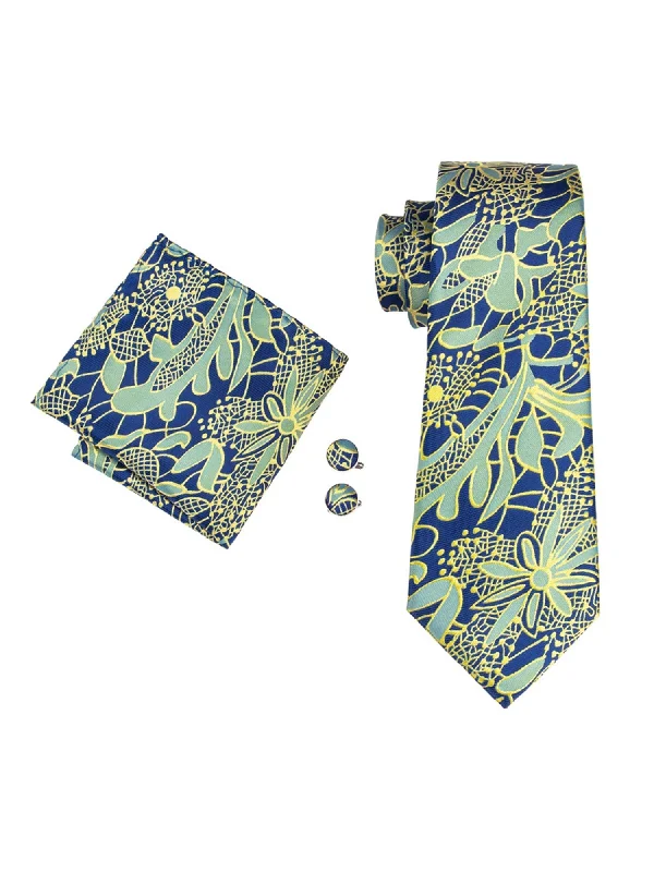 men's premium ties-Men's Blue Yellow & Green Paisley Silk Neck tie Hanky Cufflinks Set