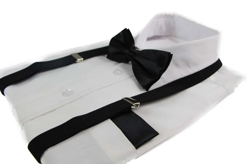 comfortable men's neckties-Mens Black 100cm Suspenders & Matching Bow Tie & Pocket Square Set