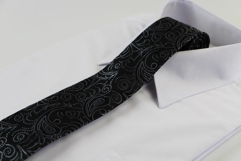 floral print neckties-Mens Black & Silver Boho Paisley Patterned 8cm Neck Tie