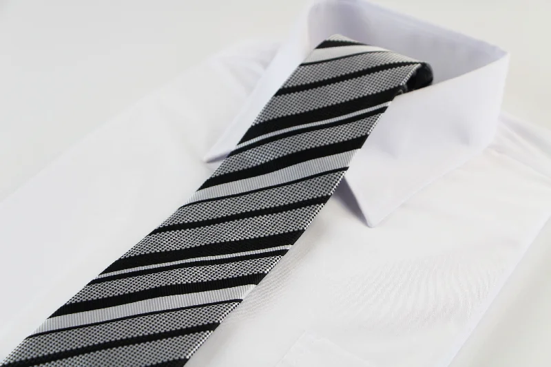 best neckties for business-Mens Black & Silver Elegant Diagonal Striped Patterned 8cm Neck Tie