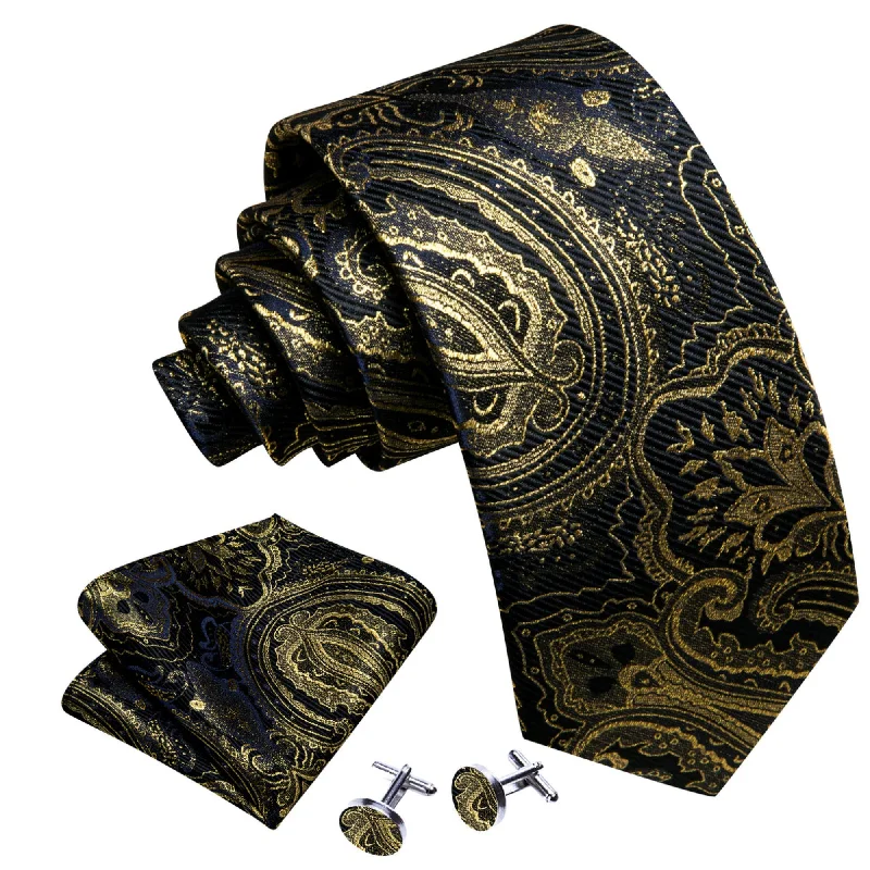 neckties for corporate attire-Men's Black And Gold Paisley 100% Silk Neck Tie With Matching Hanky And Cufflinks Set