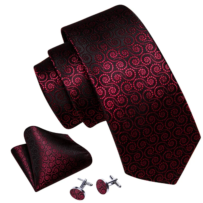 stylish wedding necktie sets-Men's Black And Red Novelty Floral 100% Silk Neck Tie With Matching Hanky And Cufflinks Set