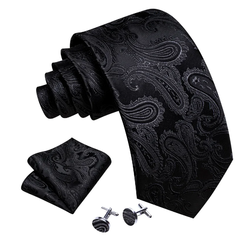 trendy silk neckties-Men's Black Paisley 100% Silk Neck Tie With Matching Hanky And Cufflinks Set