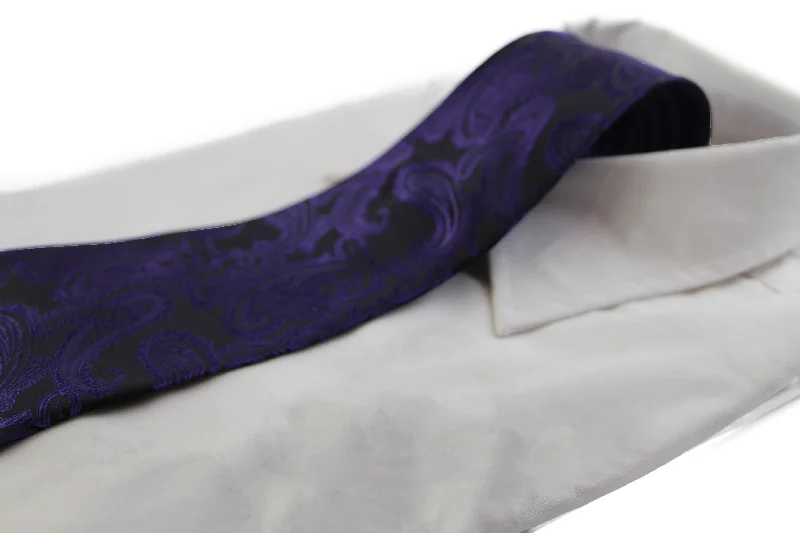 luxurious silk wedding neckties-Mens Black & Purple Paisley Patterned Neck Tie