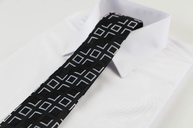 summer necktie collections-Mens Black & Silver Square Box Patterned 8cm Neck Tie