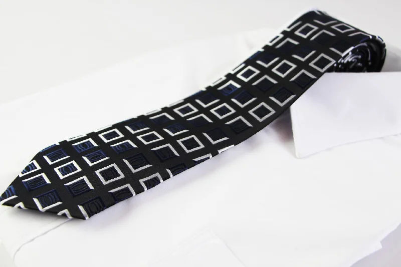 silk ties with intricate patterns-Mens Black & Silver Striped Square Box Patterned 8cm Neck Tie