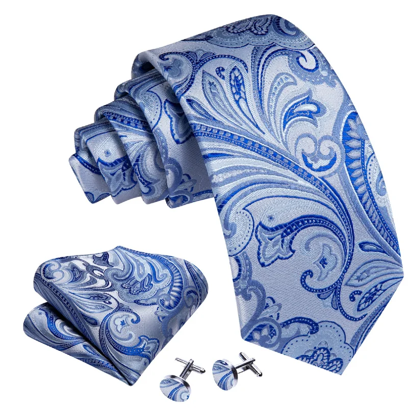 top-quality necktie materials-Men's Blue And Silver Paisley 100% Silk Neck Tie With Matching Hanky And Cufflinks Set