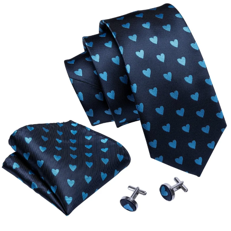 red neckties for men-Men's Blue Heart Novelty 100% Silk Neck Tie With Matching Hanky And Cufflinks Set