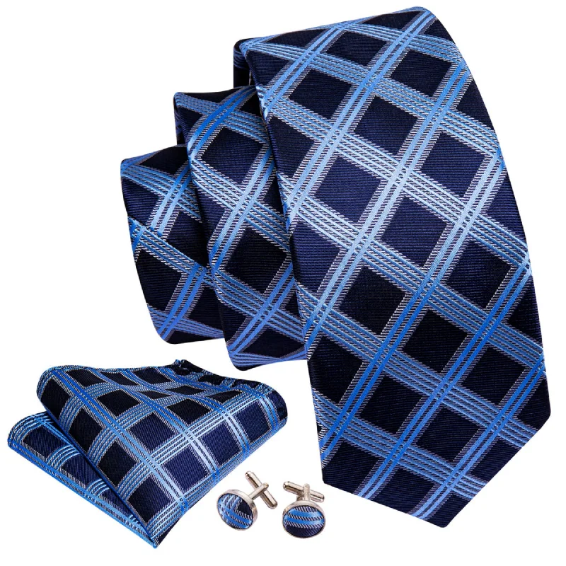 neckties for formal events-Men's Blue Plaid 100% Silk Neck Tie With Matching Hanky And Cufflinks Set