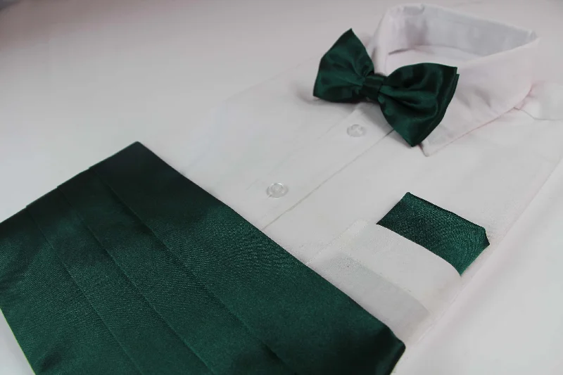 business attire ties-Mens Bottle Green Cummerbund & Matching Plain Bow Tie And Pocket Square Set