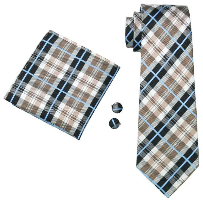 men's formal wedding neckties-Men's Brown, Black And White Plaid 100% Silk Neck Tie With Matching Hanky And Cufflinks Set