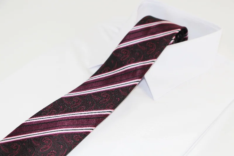 formal designer neckties-Mens Burgundy & Black Striped Paisley Patterned 8cm Neck Tie