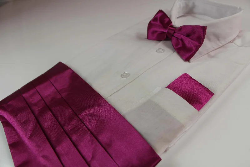 ties for office attire-Mens Burgundy Cummerbund & Matching Plain Bow Tie And Pocket Square Set