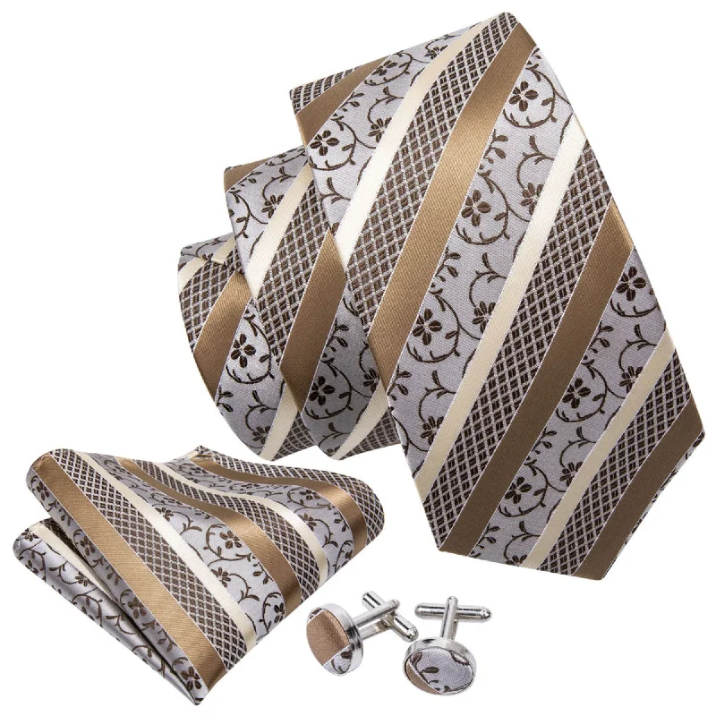 designer neckties-Men's Champagne And White Floral Striped 100% Silk Neck Tie With Matching Hanky And Cufflinks Set