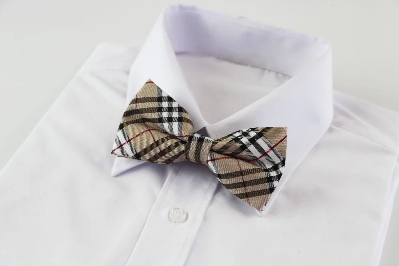 trendy silk neckties-Mens Coffee Plaid Patterned Bow Tie