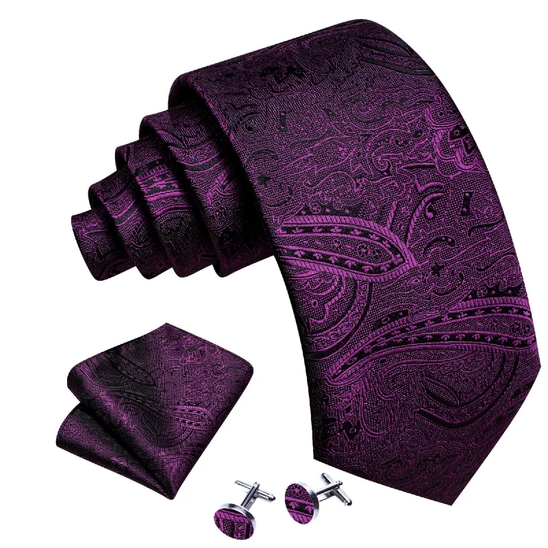 men's tie fashion trends-Men's Dark Purple Paisley 100% Silk Neck Tie With Matching Hanky And Cufflinks Set