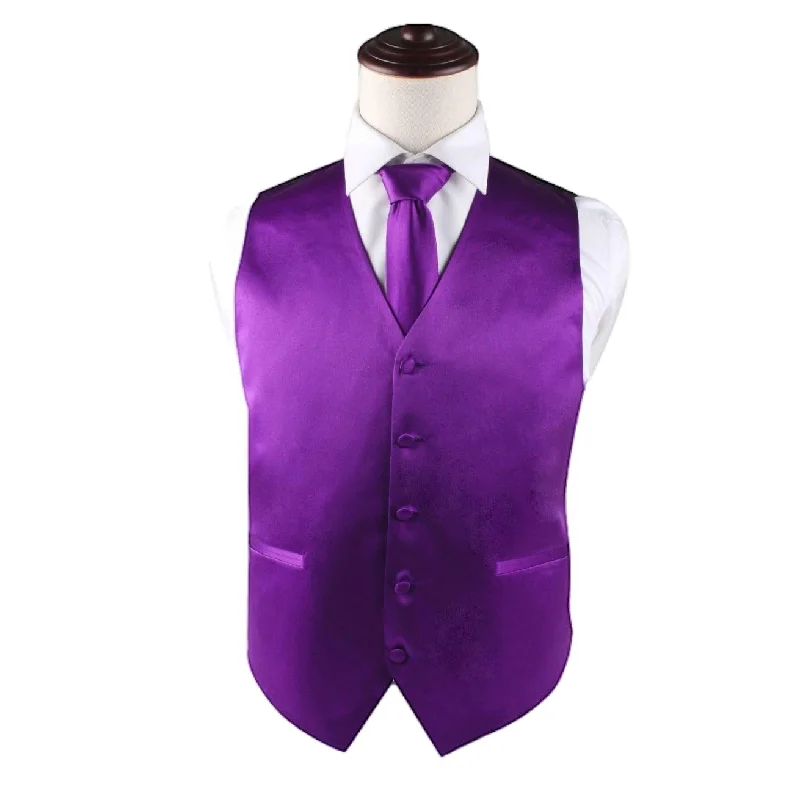 wedding necktie ideas-Mens Dark Purple Plain Vest Waistcoat & Matching Neck Tie