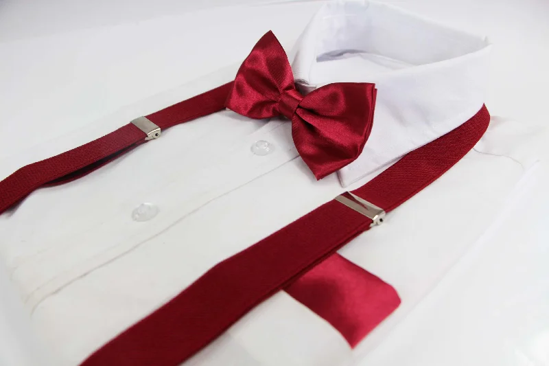 premium silk neckties-Mens Dark Red 100cm Suspenders & Matching Bow Tie & Pocket Square Set