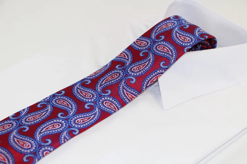 wedding guest ties-Mens Dark Red & Blue Paisley Patterned 8cm Neck Tie