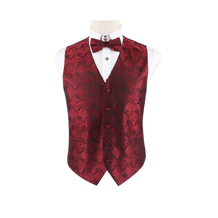 solid color silk ties-Mens Dark Red Boho Paisley Patterned Vest Waistcoat & Matching Bow Tie