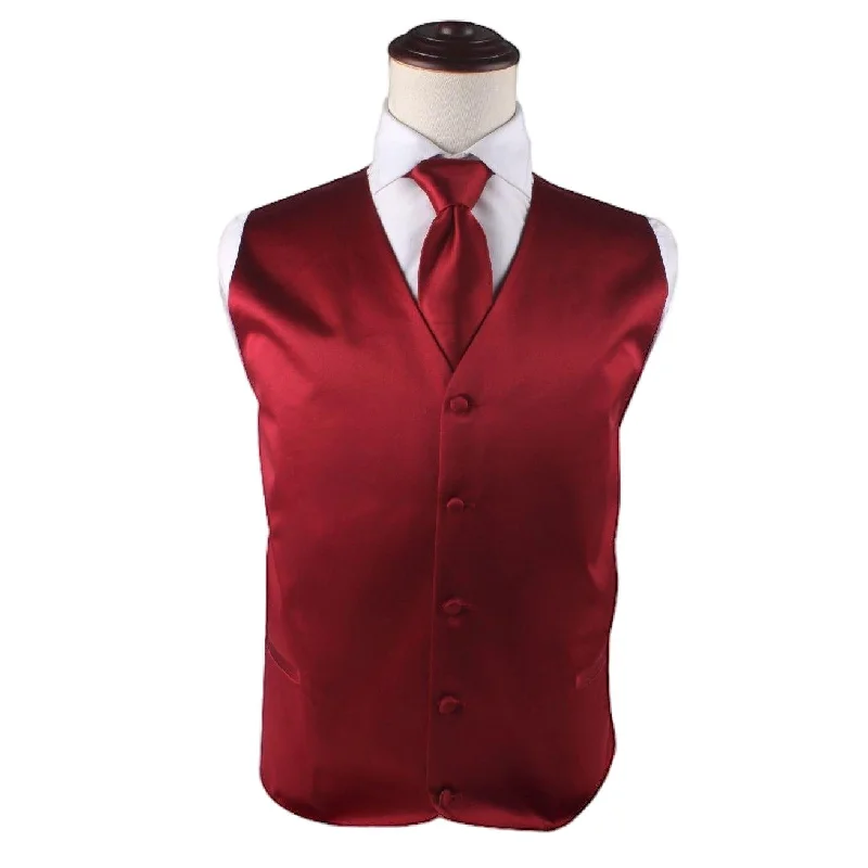 unique wedding ties-Mens Dark Red Plain Vest Waistcoat & Matching Neck Tie