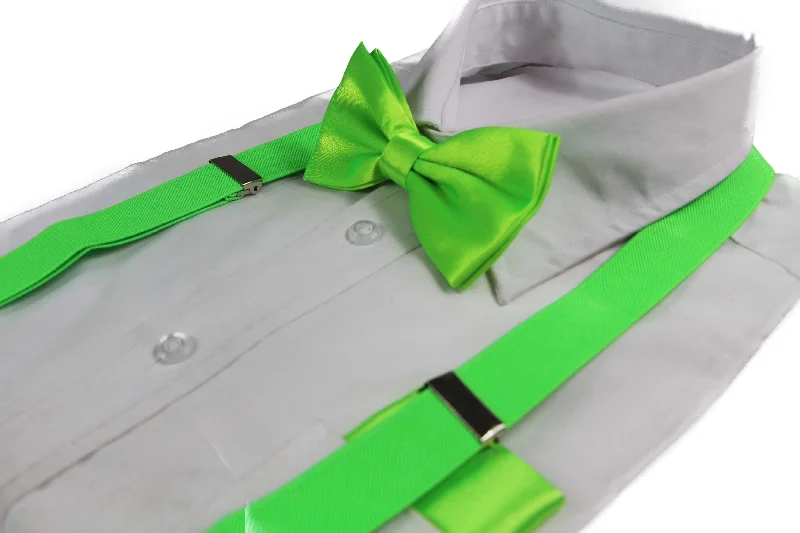 cotton neckties-Mens Fluro Green 100cm Suspenders & Matching Bow Tie & Pocket Square Set