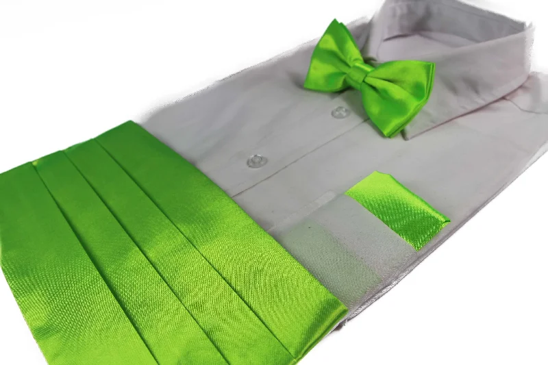 wide ties for men-Mens Fluro Green Cummerbund & Matching Plain Bow Tie And Pocket Square Set