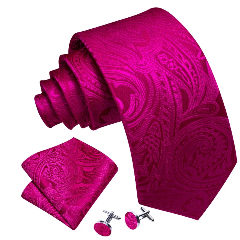 soft business ties-Men's Fuchsia Paisley 100% Silk Neck Tie With Matching Hanky And Cufflinks Set