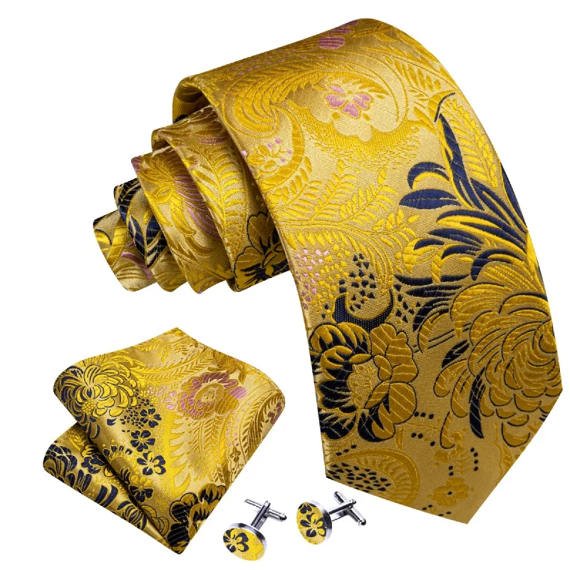 best bow ties for formal events-Men's Gold And Blue Floral 100% Silk Neck Tie With Matching Hanky And Cufflinks Set