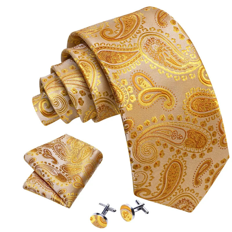 men's wedding attire neckties-Men's Gold Paisley 100% Silk Neck Tie With Matching Hanky And Cufflinks Set