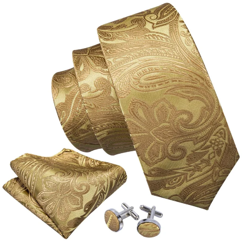 striped ties for men-Men's Gold Paisley 100% Silk Neck Tie With Matching Hanky And Cufflinks Set