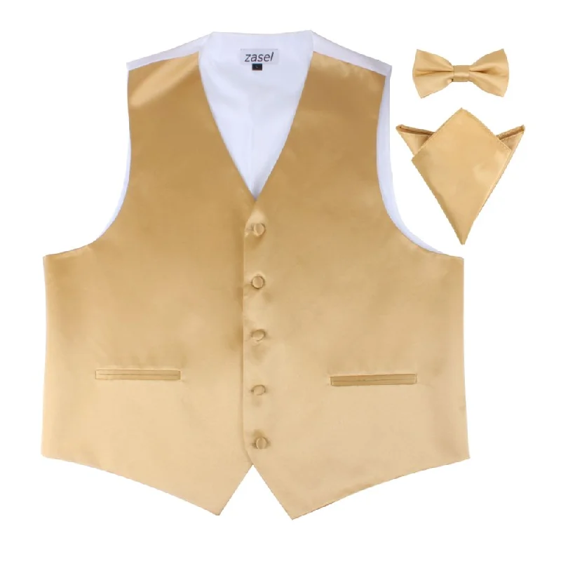 striped ties for men-Mens Gold Plain Vest Waistcoat & Matching Bow Tie & Pocket Square