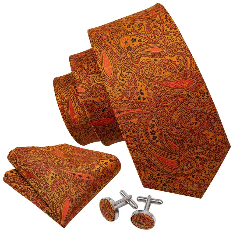 trendy necktie combinations-Men's Golden Yellow And Orange Paisley 100% Silk Neck Tie With Matching Hanky And Cufflinks Set