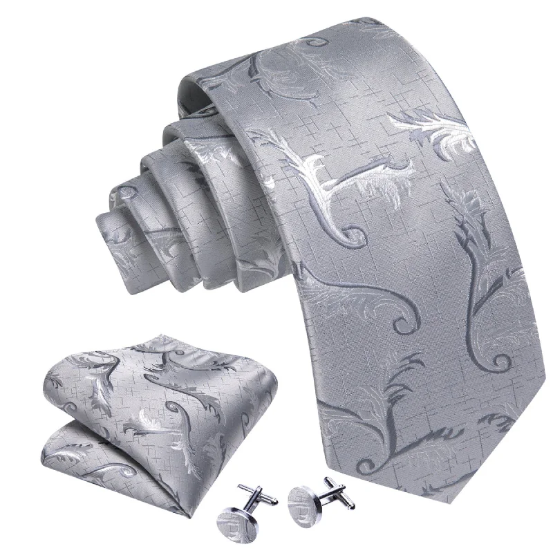 silk neckties with unique designs-Men's Gray And White Floral 100% Silk Neck Tie With Matching Hanky And Cufflinks Set