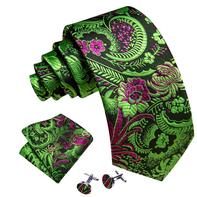 tie styles for weddings-Men's Green And Fuchsia Paisley 100% Silk Neck Tie With Matching Hanky And Cufflinks Set