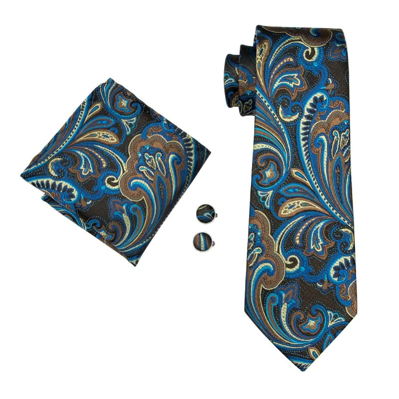 best men's neckties for interviews-Men's Blue And Brown Paisley 100% Silk Neck Tie With Matching Hanky And Cufflinks Set