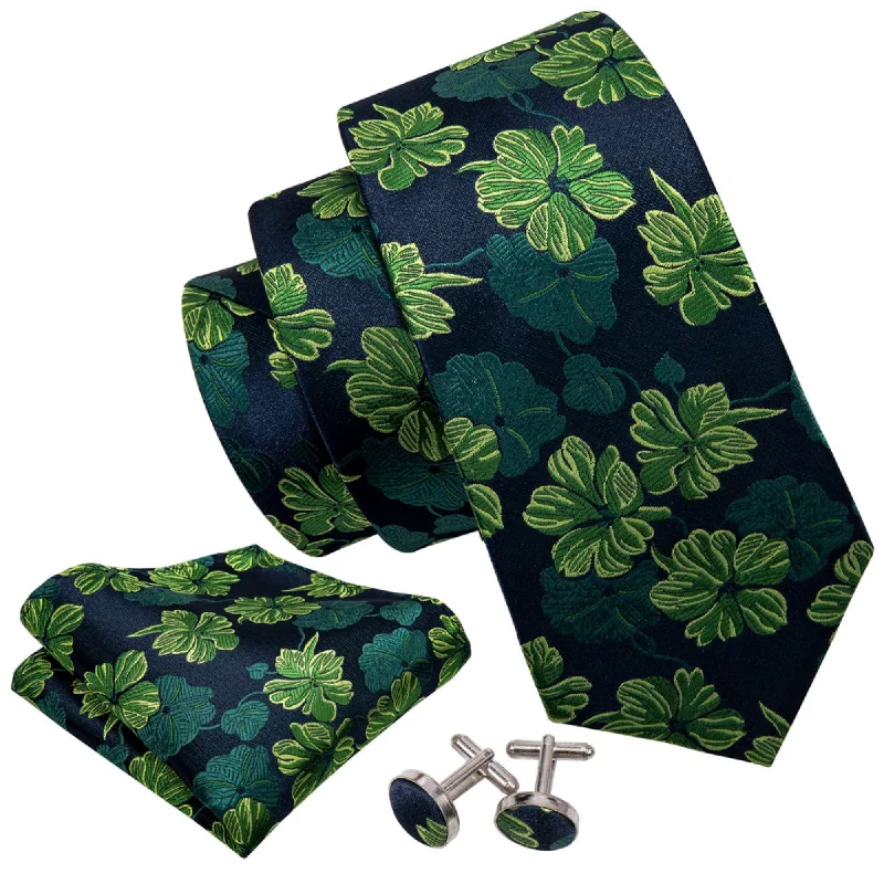 cotton neckties-Men's Green Floral 100% Silk Neck Tie With Matching Hanky And Cufflinks Set