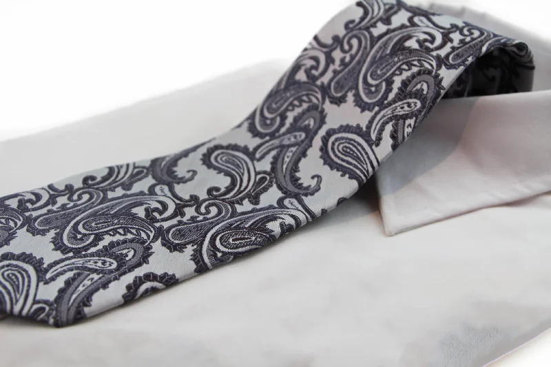 trendy silk neckties-Mens Grey & Gunmetal Paisley Patterned Neck Tie