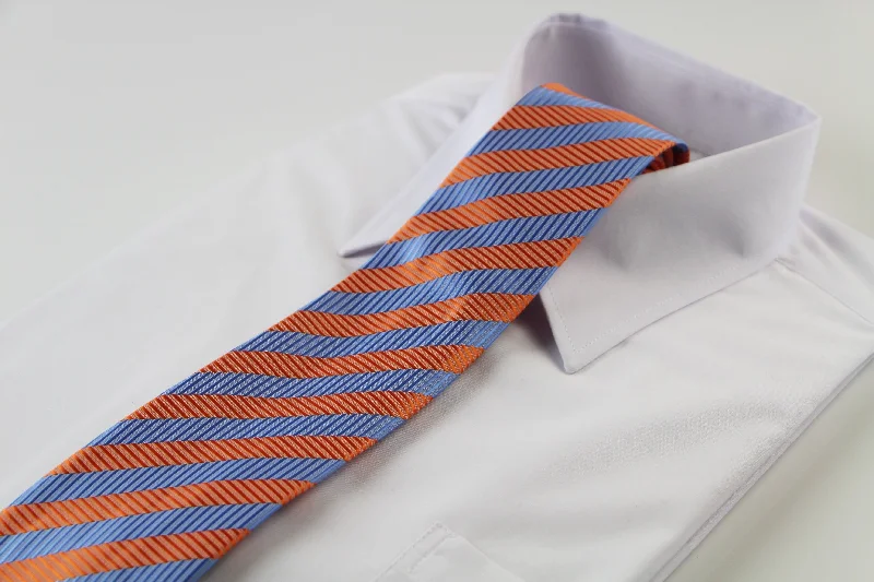 fashionable silk ties for men-Mens Light Blue & Orange Striped Elegant Patterned 8cm Neck Tie