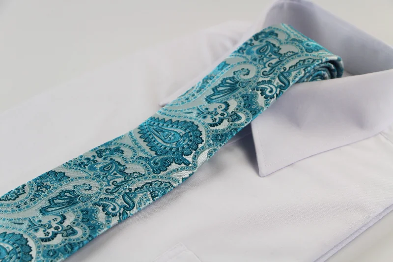 best silk ties for weddings-Mens Light Blue & White Boho Paisley Patterned 8cm Neck Tie