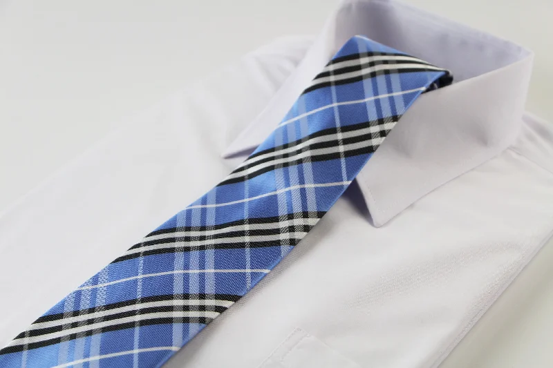 affordable office ties-Mens Light Blue, Black & White Plaid Striped Patterned 8cm Neck Tie