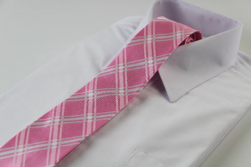 trendy tie patterns for men-Mens Light Pink & White Plaid Striped Patterned 8cm Neck Tie