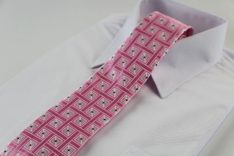 handmade silk ties for men-Mens Light Pink With Silver Squares Patterned 8cm Neck Tie